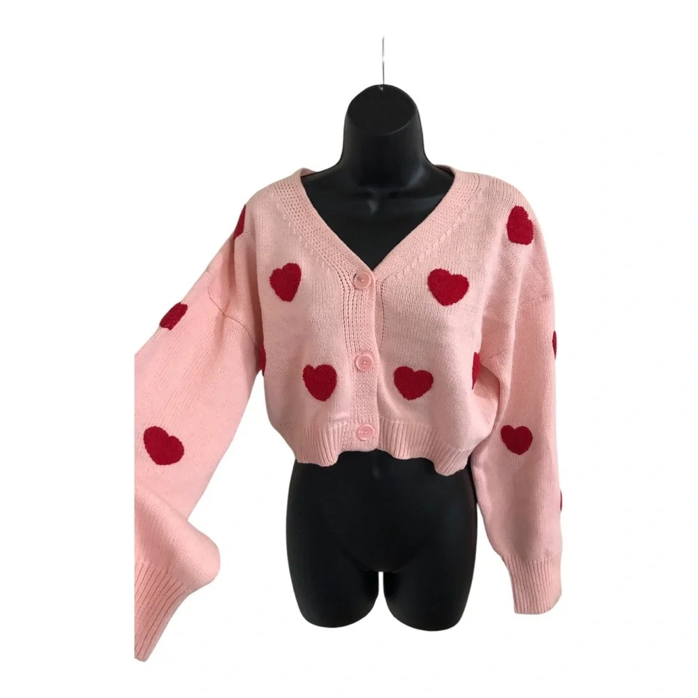 Jessica Simpson tufted embroidered red hearts cropped pink cardigan‎ size medium